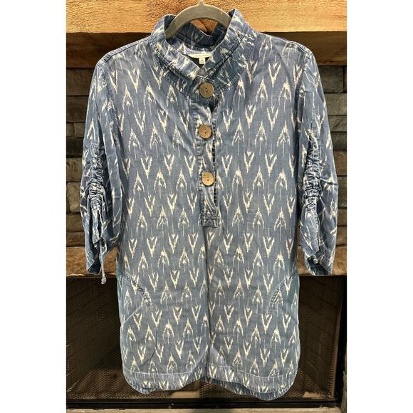 JOHN MARK Chambray Shift Dress Sz M 1/2 Button Gathered Sleeve Pockets *C2 - Picture 1 of 5